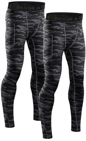 DANISH ENDURANCE Kompressionshose, Lange Laufhose, Sport-Leggings mit Taschen, Leicht & Bequem, für Herren, 2er Pack Grau Camo L