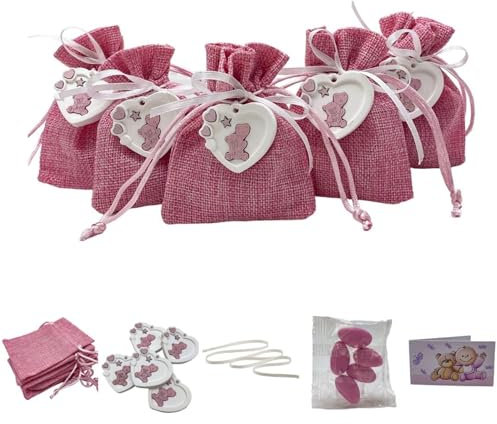 Doni Bomboniere Set Bomboniere Nascita Battesimo 12 Sacchetti Juta Rosa Portaconfetti 12Gesso Orsetto Rosa 12 Bustine Confetti MAXTRIS Rosa 12 Bigliettini da Personalizzare Festa Gadget