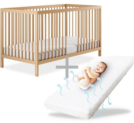 Ehrenkind® Babybett PUR inkl. Matratze 120x60 Buchenholz | Natur | Kinderbett 9-Fach höhenverstellbar mit entnehmbaren Stangen | Baby Bett