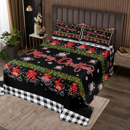 feelingyou Frohe Weihnachten Bettdecke L Größe, rote Weihnachtskugel gedruckte Quilt Set mit 2 Kissenbezügen, glückliche Weihnachten schwarz weiß Karierte Mikrofaser Coverlet Set für Kinder