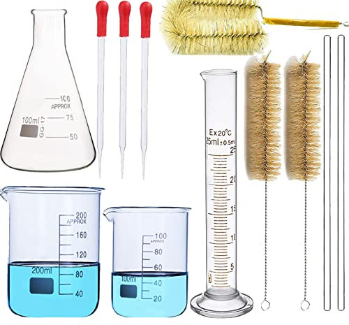 Glass Labware Set, 2 Pcs Graduated Beakers (100ml 200ml), 100ml Erlenmeyer Flask, 20ml Measuring Cylinder, Clear Container with Droppers, Stirring Rods and Cleaning Brushes, Flat Bottom Glassware