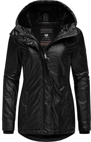 Ragwear Damen warme Shiny Winterjacke in glänzender Opitk mit kuscheliger Kapuze Monadde Bling YOUMODO Black Gr. M