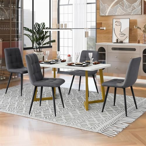 Elegance Moderner Tischstuhl, 117 cm Esstisch Set Mit 4 Stühlen, Rechteckige Marmor MDF tischplatte Und Beine, Geeignet Für Wohnzimmer, Schlafzimmer(Color:Weiße Tischplatte + goldene Tischbeine)