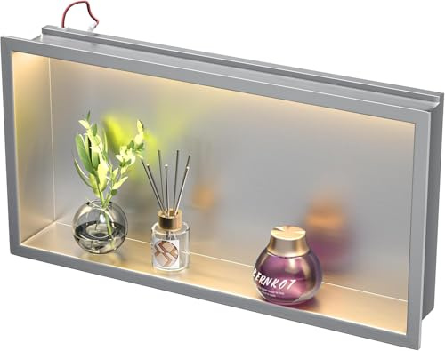 Bernkot Nicchia per Doccia in Acciaio Inox 600 mm x 300 mm Spazzolato con Luce LED Impermeabile Senza Piastrelle Necessarie Incasso a Parete per Stoccaggio Bagno tramite Installazione a Montaggio