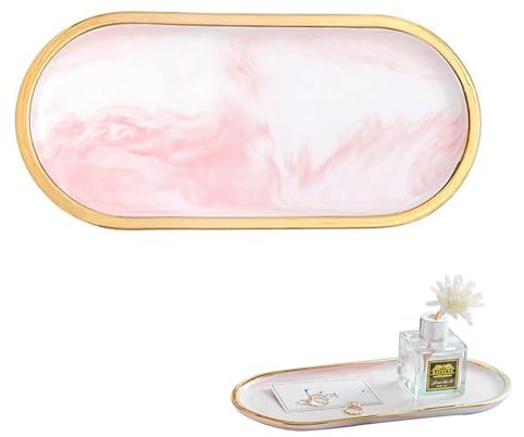 Badezimmer Tablett, Keramik Badezimmertablett Tablett Badezimmer Rosa mit Goldenem Rand, Dekotablett Schmuckschale, Schmucktablett Keramik für Seife, Kerzen, Kosmetik Badezimmer Arbeitsplatte