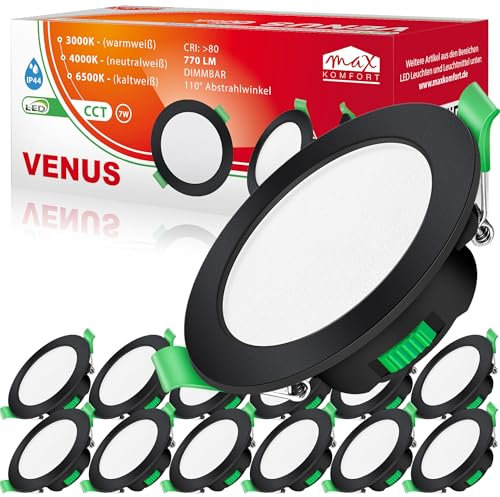 max K O M F O R T LED Einbaustrahler flach 7W Dimmbar Bad schwarz VENUS | IP44, 110°, 770 Lumen, 68mm| Warmweiß Neutralweiß Kaltweiß | Einbauspot, Deckenstrahler Deckenspot 12er SET