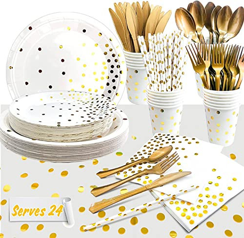 White Gold Party Supplies,Serves 24 Golden Dot Party Tableware Set - White and Gold Paper Plates and Napkins Cups Table Cloth etc for Wedding,Anniversary