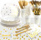 Serves 24 White Gold Party Supplies, 126Pcs Golden Dot Party Tableware Set - White and Gold Paper Plates and Napkins Cups Table Cloth etc for Wedding,Anniversary