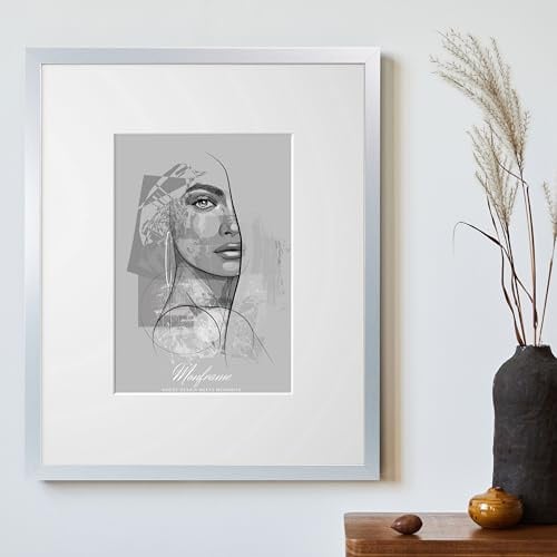 NB Akzent Bilderrahmen Silber mit Passepartout 29,7x42 cm DIN A3 - Rahmengröße 40x50 cm - Chloe 20 mm MDF Holzrahmen - Acrylglas