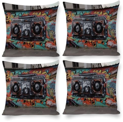 NQLYUT Dekokissenbezüge, 4er-Set, Graffiti, Hip-Hop-Überwurf-Kissenbezüge, quadratisch, Couchkissen, Plüsch-Kissenbezüge für Wohnzimmer