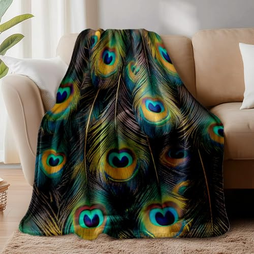WADORN Decke Mit Pfauenfedern Print Gemütliche Überwurfdecke Aus Flanellplüsch Mit Pfauenfedern Weiche Bunte Pfauenfederdecke Geschenke Für Bett Stuhl Couch Zuhause Büro Auto