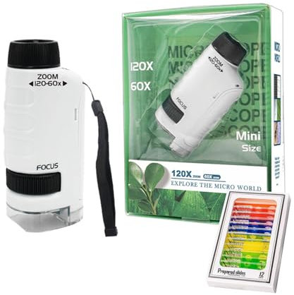 Microscopio Infantil de Bolsillo LED (60-120x), Mini microscopio para niños portátil, Miniscope para Estudiantes con muestras, Regalo tecnologicos niño, observación microbiológica, Blanco