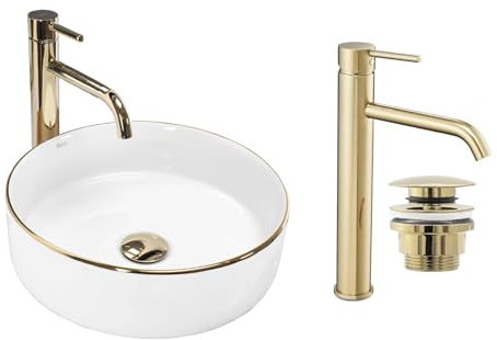 GTM Design Aufsatzwaschbecken Set mit Waschtischbatterie und Stopfen - Aufsatzwaschbecken Oval für Badezimmer - Modern Waschbecken ohne Hahnloch - Waschbecken mit Armature - Modell 6