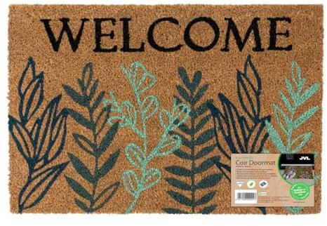 JVL Eco-Friendly Latex Backed Coir Entrance Doormat, 40x60cm - Welcome Leaves