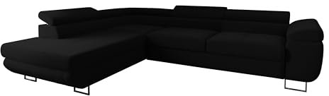 4ALL HOME Ecksofa Luna mit Schlaffunktion und Bettkasten – 275x202 cm – verstellbare Kopfstützen – Liegefläche 193x125 cm – Couch – Schlafsofa – L-Sofa mit Stauraum (Poso 135 Schwarz, Seite: Links)