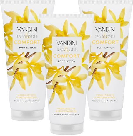 VANDINI 3x COMFORT Body Lotion Damen 200 ml mit Vanilleblüte & Macadamiaöl - Body Lotion für trockene, anspruchsvolle Haut - vegan, ohne Parabene & Silikone, Made in Germany