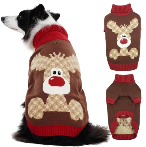 Hjumarayan Hundepullover Weihnachten, Pullover Rentier mit Geschirr Öffnung Warme Rollkragen Hundepulli für Cocker Spaniel, Westie, Shiba Inu, Braun XL