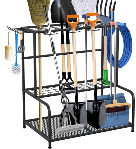 Gartengeräteaufbewahrung, 3-stufiges Gartengeräte-Regal mit Haken, Werkzeugaufbewahrung für die Garage, Halterung für Gartengeräte für Rasen, Schuppen, Garage, Hof und Garten