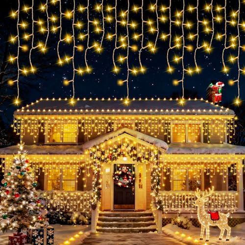 Buudala Eisregen Lichterkette Außen 6,4M 200 LEDs Lichterkette außen Strom mit Timer 8 Modi, IP65 LED Weihnachtsbeleuchtung Lichtervorhang Aussen für Balkon Weihnachtsdeko Warmweiß