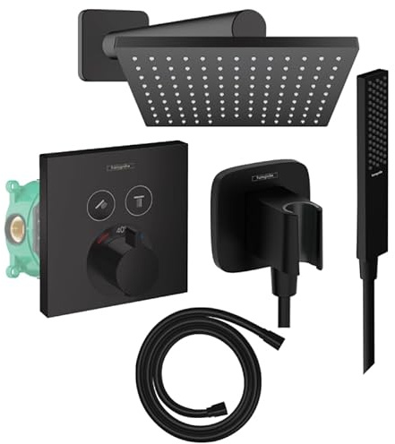 Colonne de douche thermostatique HANSGROHE ShowerSelect E Douche de tête Vernis Shape Flexible Isiflex Douchette PulsifyE noir mat