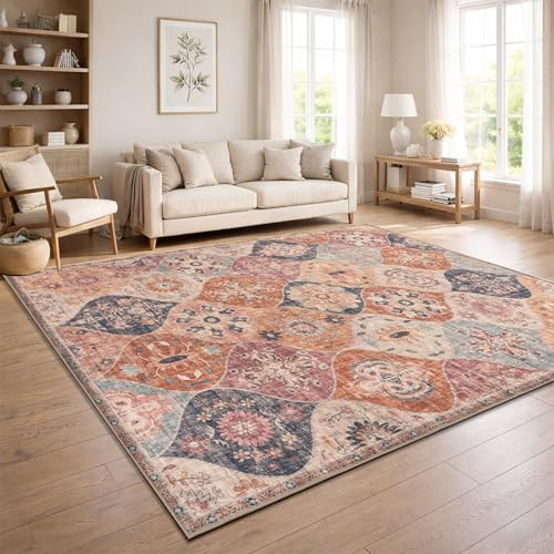 Paco Home Vintage Wohnzimmerteppich Kurzflor Boho Stil Waschbar & rutschfest pflegeleicht modernes Retro Design, Farbe:Mehrfarbig, Größe:240x340 cm
