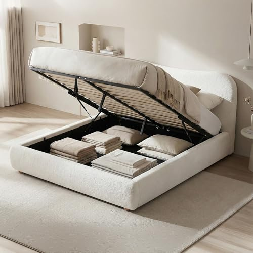 CLP Polsterbett mit Stauraum Maido, Bettgestell für Matratzen, Lattenrost mit Lift-Mechanismus, Doppelbett mit Teddystoff, bis 300 kg, Farbe:Creme, Größe:160x200 cm