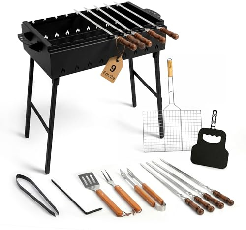 Mangal mit 9 Spieße Holzkohlegrill 2 mm Stahl 60 cm Shashlychnik Grillrost | Holzgriff Grillbesteck Grillfächer BBQ Mangalgrill Schaschlik Grill für Garten Picknick Standgrill Gartengrill