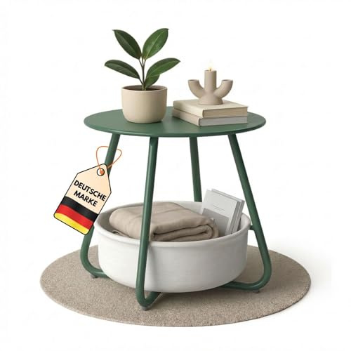Coemo Beistelltisch Kosi mit Canvas Korb, Grün, Metallgestell mit Stoffkorb | Ø 45 cm, Höhe 45 cm, Modern & Funktional, Stilvoller Beistelltisch mit runder Platte und pulverbeschichtetem Stahlgestell