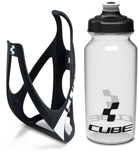 Cube HPP Cage - Matt Black/White & Icon Bottle - Clear, 500ml / Lightweight Bicycle Cycling Cycle Bike MTB Mountain Road Water Drink Flask Bidon Bracket Mount Holder Carrier Kit Part Set Accessories