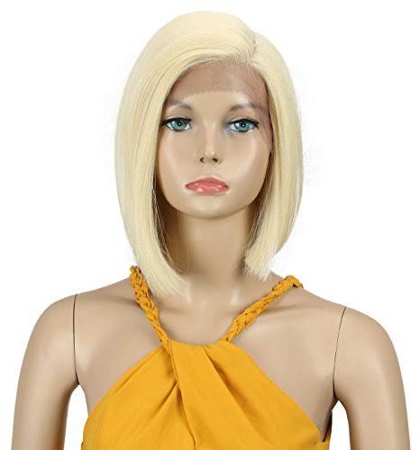 Début Lace Front Perücke für schwarze Damen Bob Perücke für weiße Damen Kunsthaar 24 cm 120g Blond Glatt Schweizer Spitze Hitzebeständige Fasern Halb handgebunden (24 cm, 613)