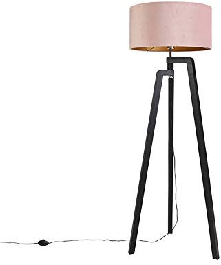 Qazqa - Floor lamp Tripod Black with Pink Shade and Gold 50 cm - Puros- - Country I Rustic - Suitable for LED E27 | 1 Light - Wood Floor lamp - Suitable for Living Room I Bedroom I