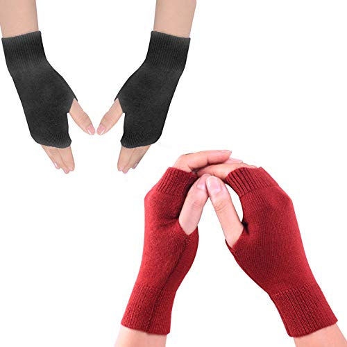 2 Pairs Cashmere Fingerless Gloves - Unisex Thumb Hole Wrist Warmers in Black and Red for Men Women - Winter Warm Half Mittens - Christmas Gifts