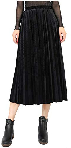 Chartou Damen Stretch-Rock mit hoher Taille, plissierter Samt, Metallic-Akkordeon-A-Linie, Midi-Rock - Schwarz - Mittel