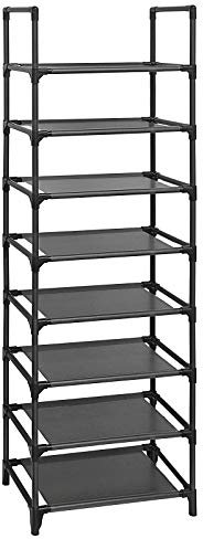 SONGMICS Schuhregal, Schuhablage, 8 Ebenen, offener Schuhschrank, Schuhaufbewahrung, schmal, 28 x 46 x 145 cm, Metallgestell, Ablagen aus Vliesstoff, für Flur, Schlafzimmer, schwarz LSR24BK