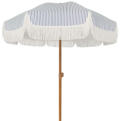 AMMSUN 7ft Patio Umbrella with Fringe Outdoor Tassel Umbrella UPF50+ Premium Steel Pole and Ribs Push Button Tilt, Navy Blue Stripes