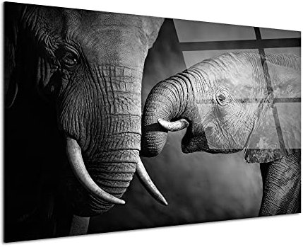 DECLINA Tableau verre acrylique déco photo L'éléphant et sa mére, Tableau moderne plexi, tableau mural, impression sur verre acrylique, cadre Plexis, 120x80 cm