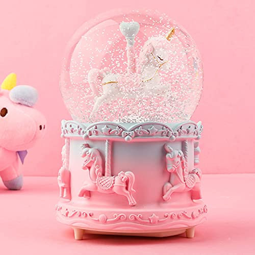 Aveki Schneekugel mit Musik, 9.4 cm, Einhorn-Karussell, Schneekugel mit Musik, Farbwechsel, automatischer Schneefall, Einhorn, Spieluhr, Geschenk für Mädchen, Kinder, Weihnachten, Neujahr (Rosa)