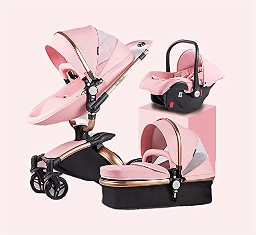 3 in 1 Lederwagen, Hot Mom Style 360-Grad-Rotation, Eierschalen-Design, stoßabsorbierender Wagen, hochansicht Wagen, faltbarer Wagen, einstellbares Dach, Lagerkorb (Farbe : Pink)
