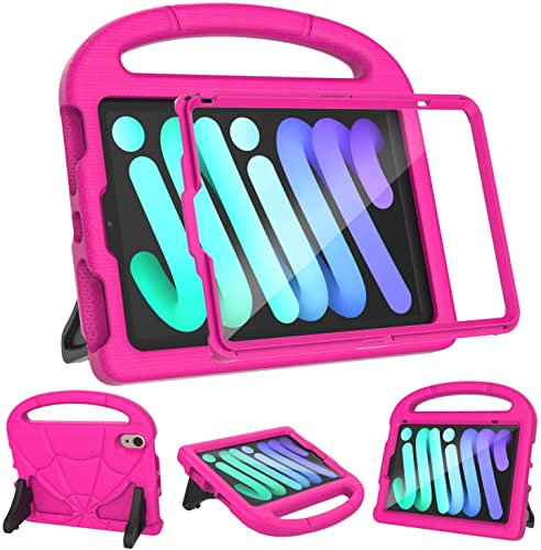 Étui léger résistant aux chocs avec protection d'écran intégrée avec poignée et support pour tablette iPad Mini 7(A17 Pro) et iPad Mini 6 (A15) 2024 – Rose