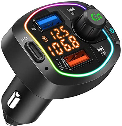 Lettore MP3 per Auto TYKEVO Trasmettitore FM Bluetooth per Accendisigari di Auto con 2 Porte USB (Ricarica Rapida QC 3.0, Pen Drive) Tipo C PD TF Slot per Scheda Display con Tensione della Batteria