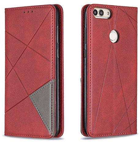 Posanter Coque pour Huawei P Smart/Enjoy 7S, Housse Portefeuille en Cuir Etui de Protection avec TPU Silicone Bumper Antichoc Magnétique Flip Case, Porte Cartes avec Fonction Support Cover (Rouge)