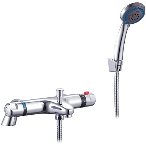 KINGBATH™ Thermostatic Exposed Bath Shower Mixer Tap Faucet with Shower Kit for Bathrooms Chromed Deck Mounted with G1/2 Bottom Outlet 38°C Safety Lock Anti Scald Solid Brass Modern Easy to Install