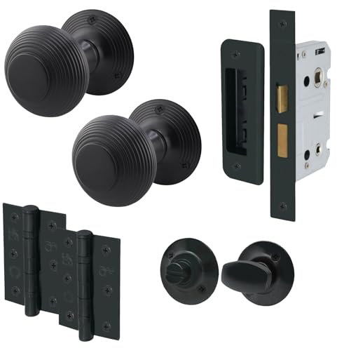 EAI Beehive Reeded Black Bathroom Door Knob Set | 1 Pair of Matt Black Mortice Knobs (55mm), Lock (80mm) & Hinges (76mm) for Internal Doors
