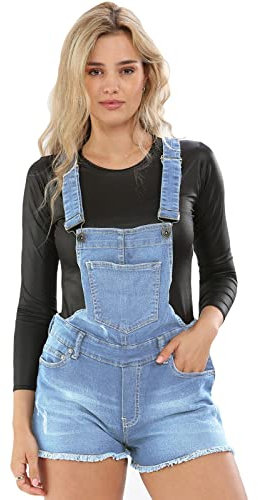 True Face Ladies Dungaree Denim Stretchable Women Sleeveless Jeans Short Dress Braces Hot Pants Light Wash 16