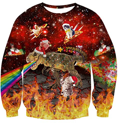 ALISISTER Hässliche Weihnachtspullover Lustig Dinosaurier Pizza Katze Grafik Ugly Christmas Sweater Teenager Junge Mädchen Urlaub Festival Feier Pullover Sweatshirt M