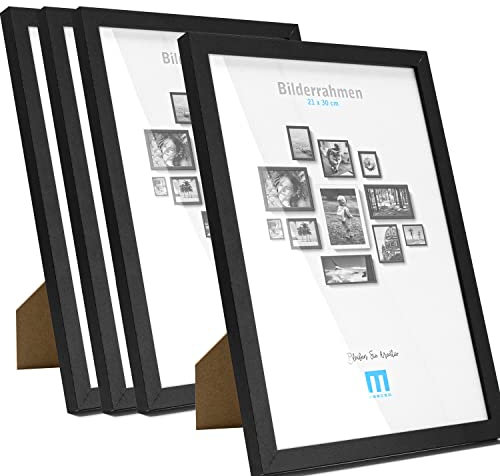 4 Stk. Bilderrahmen A4 in schwarz aus MDF, minimalistisch & modern für Fotos & Bilder im DIN A4-Format. Inkl. Acrylglasschutz. Als Tisch-Aufsteller und für die Wand, Hochformat oder Querformat