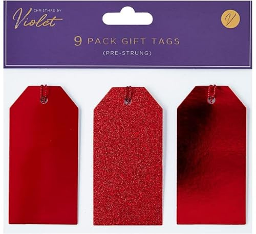 Violet Luxury Christmas Tags - Pre-Strung, Modern - Pack of 9 (Red)
