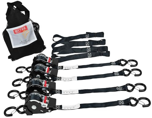 Mytee Products 1'' x 12' Retractable Ratchet Straps Kit with Safety Lock S Hook, 4 Soft Loops & Storage Bag - Self Ratcheting Tie Down Strap with 500 lbs WLL for Boat, Jet Ski, ATVs, Bikes