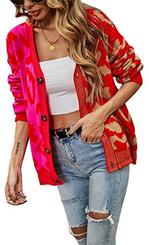 HEYPORK Damen Herbst Winter Warm Bequem Jacke Casual Mode übergangsjacke Mantel Frauen Pullover Leopardenmuster Patchwork Strickjacke Knopfleiste Strickpullover(Rot, L)