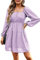 Langarm Kleid Damen Elegant Kurz Chiffonkleid A Linie Minikleider Party Cocktailkleid Square Neck Dress Helles Lila XXL